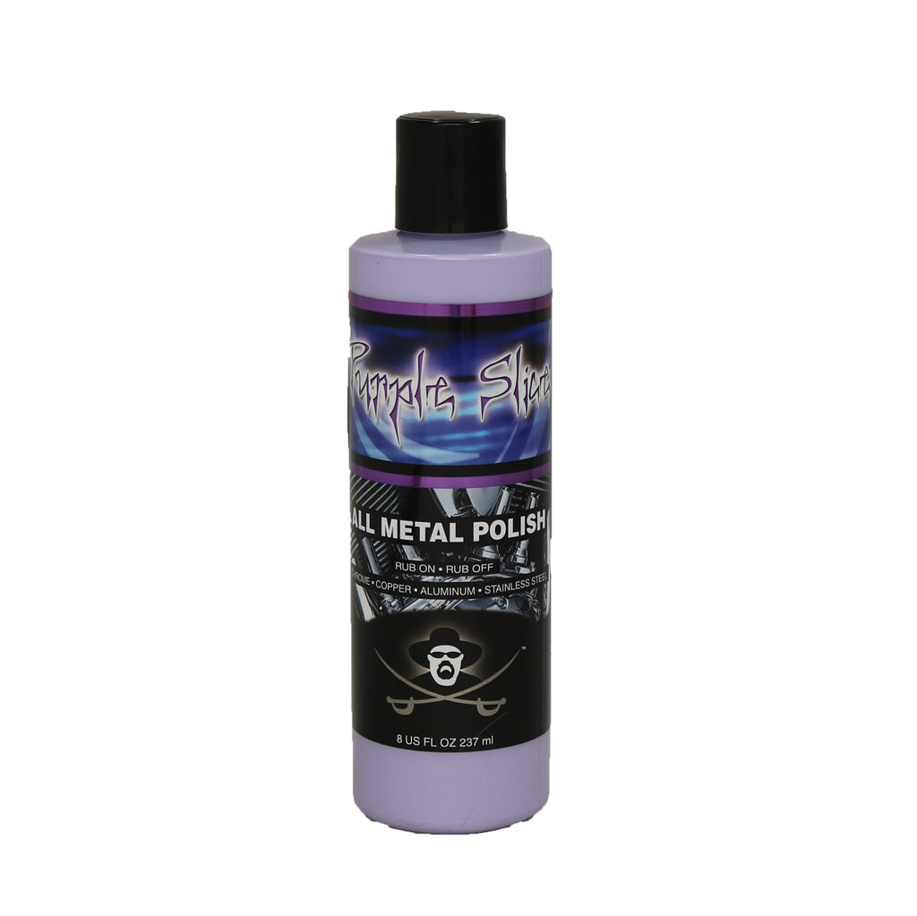 Bottle of metal polish with a black and purple label on a white background