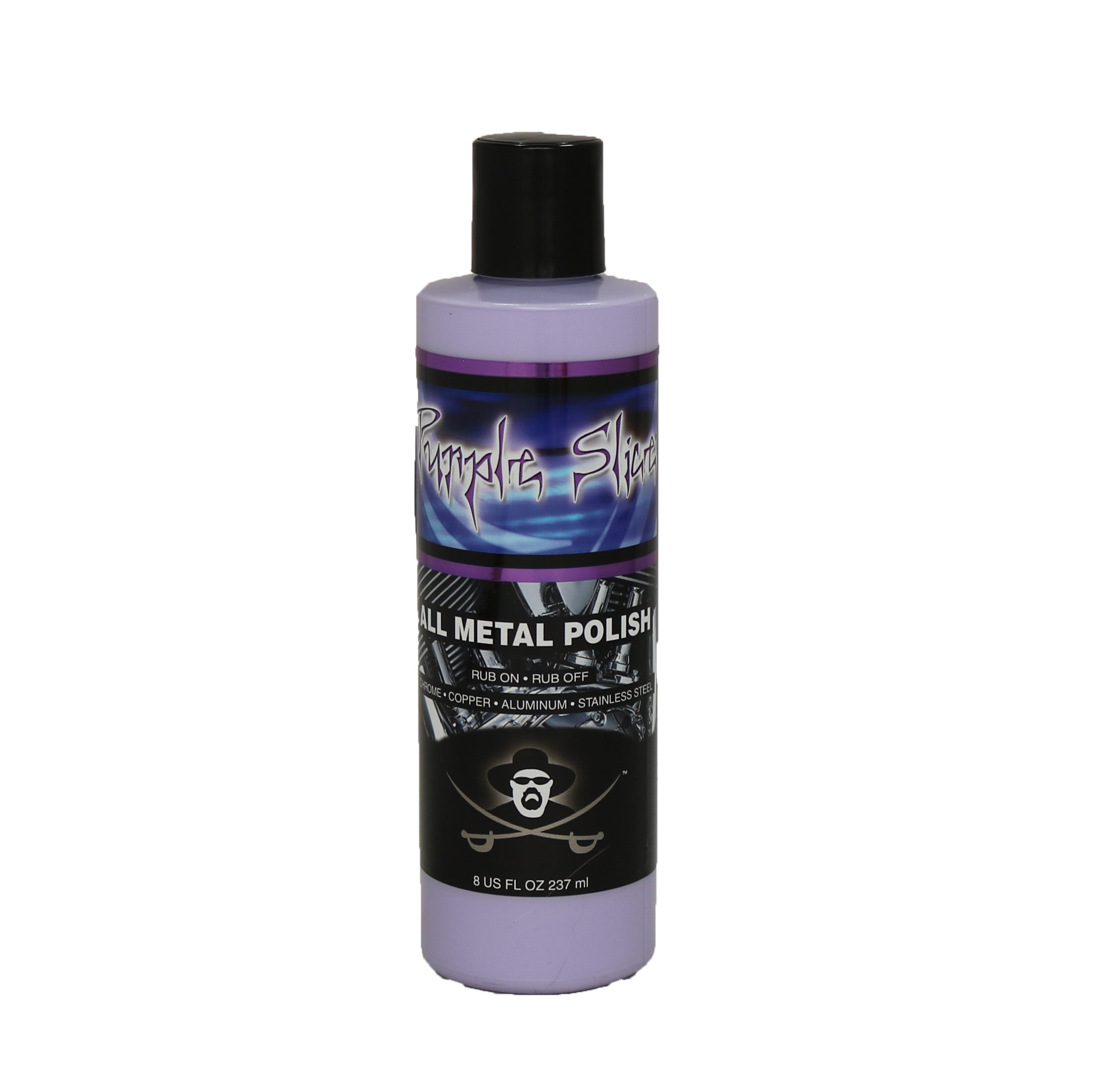 Bottle of metal polish with a black and purple label on a white background