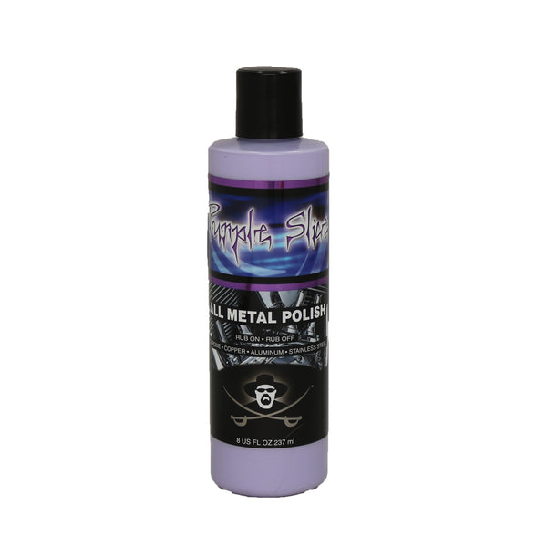 Bottle of metal polish with a black and purple label on a white background