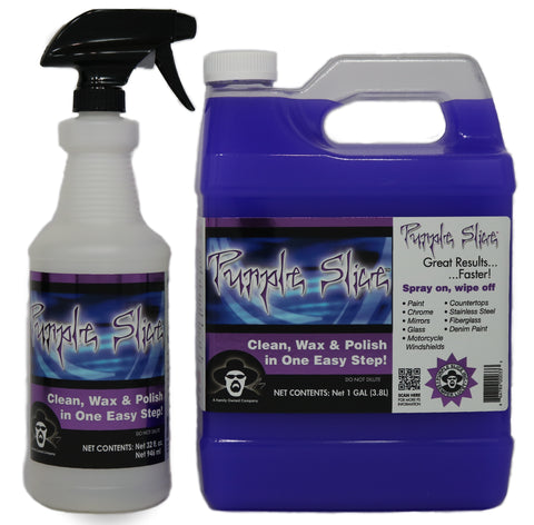 Empty 32 ounce bottle and full gallon of purple Slice spray wax