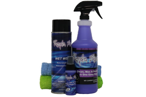 Package number 1 of purple Slice products includes purpleslice Wet-wet microfiber towels and travel size bottle